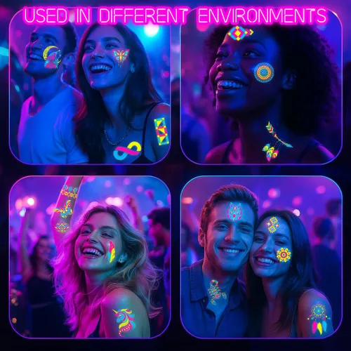 Miniatura 5 de 180 tatuajes temporales precortados tribales que brillan en la oscuridad para adolescentes y adultos Luz negra neón brillante UV para cumpleaños