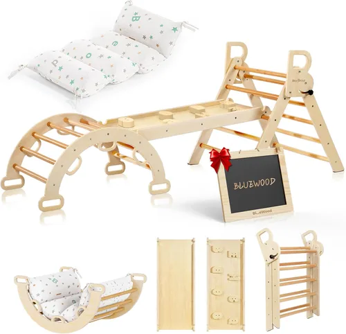 Miniatura 7 de BlueWood Juego de triángulo Pikler, conjunto plegable de 7 en 1 de madera para escaladores de niños pequeños, patio de juegos interior, gimnasio