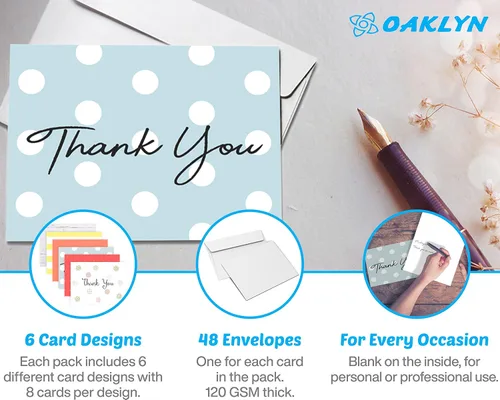 Miniatura 2 de Oaklyn Paquete de 48 tarjetas de agradecimiento con sobres de 4 x 5.25 pulgadas para bodas, baby shower, fiestas de cumpleaños, negocios y tarjetas