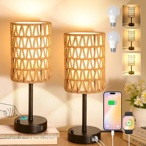 Miniatura 10 de Lámparas de mesa de ratán para sala de estar, lámparas táctiles regulables de 3 vías, lámparas de noche pequeñas con bombillas LED, soporte