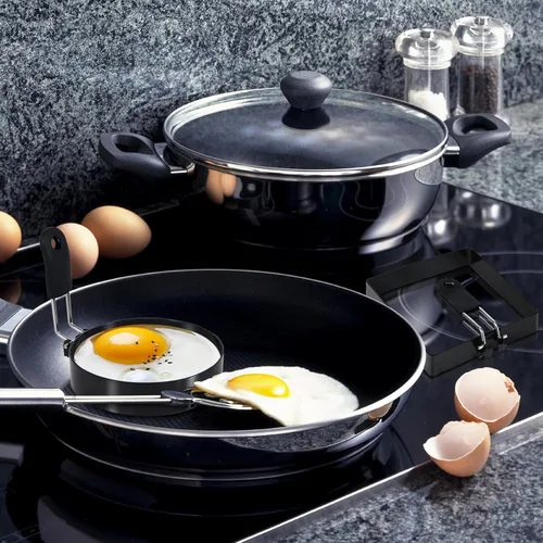Miniatura 5 de Juego de 2 anillos para huevos redondos+cuadrados con mango de silicona, anillos para cocinar huevos de acero inoxidable, antiadherentes, para freír
