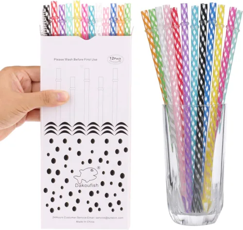 Miniatura 6 de Dakoufish 12 popotes gruesos de plástico reutilizables de 6 pulgadas, sin BPA, pajitas de tarro de masón, a rayas pequeñas transparentes