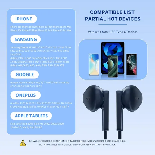 Miniatura 7 de Auriculares USB C para iPhone 17 16 15, auriculares con cable USB C para Samsung S24 S25 Ultra A16 5G, auriculares USB tipo C con micrófono