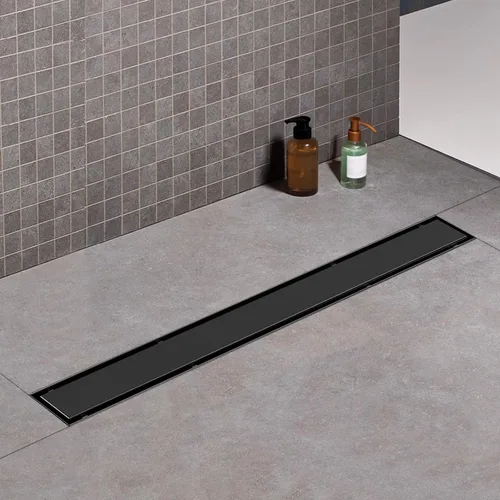 Miniatura 3 de Drenaje de ducha lineal compensado, drenaje de ducha negro de 24 pulgadas con cubierta de inserción de azulejos 2 en 1, salida lateral de acero