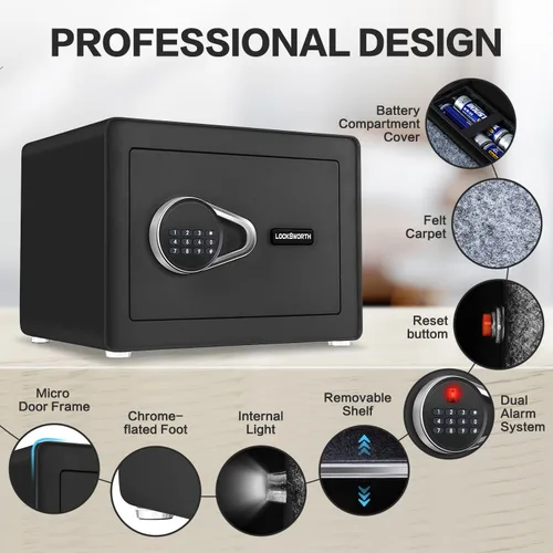 Miniatura 4 de Caja fuerte para el hogar, caja fuerte pequeña de 1.0 pies cúbicos con estante extraíble, sistema de alarma, caja de seguridad electrónica digital