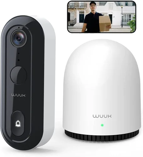 WUUK - Cámara de timbre inalámbrica sin suscripción, timbre de cámara de 3MP, base de inicio incorporada con almacenamiento de 32GB, timbre de video