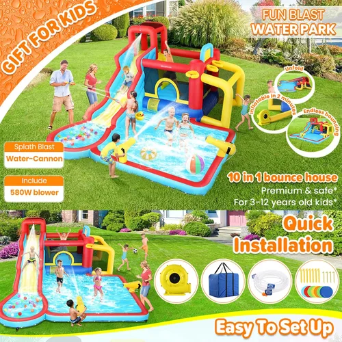 Miniatura 10 de AKEYDIY Casa de rebote de tobogán acuático, 13 × 12.5 pies, tobogán acuático inflable para niños grandes de 8 a 12 y 3 a 10 años, toboganes