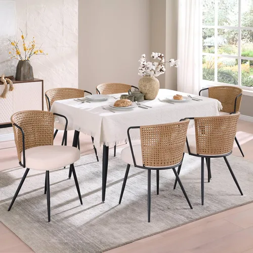 BedsPick Juego de 6 sillas de comedor de ratán, silla de cocina de ratán tapizada de polietileno con cojín de bucle, asiento de comedor con respaldo