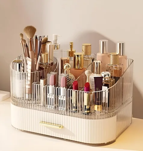 Miniatura 8 de Organizador de maquillaje SpaceLuxe con cajones y soporte giratorio de 360°, almacenamiento cosmético de gran capacidad para tocador, cuidado