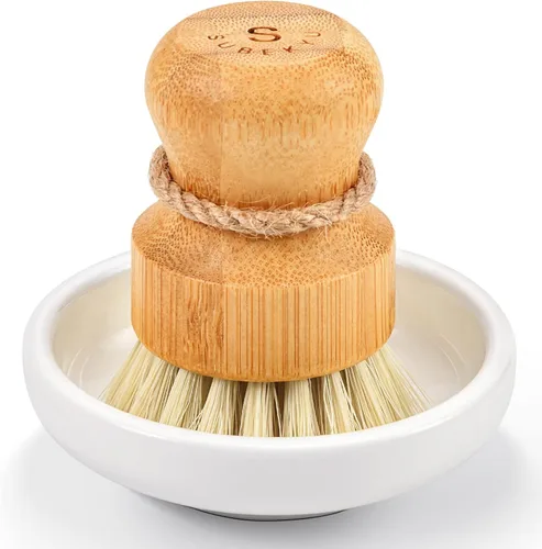 SUBEKYU Cepillo de bambú para fregadero de cocina, cepillo de madera natural con cerdas de sisal para limpieza del hogar, ollas de hierro fundido,