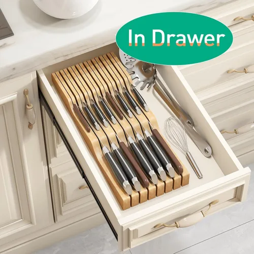 Miniatura 2 de Organizador de cajones de cuchillos grande, soporte para cuchillos de madera de bambú, bloque de cuchillos con capacidad para hasta 15 cuchillos