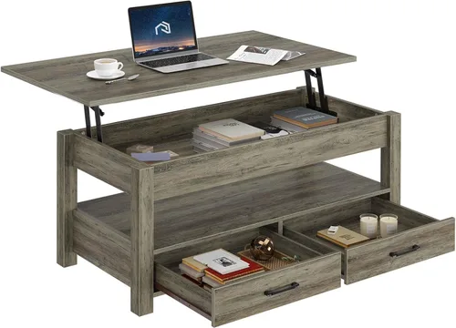 Rolanstar - Mesa auxiliar, mesa de centro de 47.2 pulgadas con cajones y compartimento oculto, mesa central retro con tablero de elevación de Washed