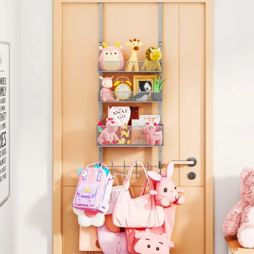 Miniatura 14 de Consumest Organizador de Ganchos Sobre la Puerta - Colgador Sobre la Puerta con 16 Ganchos y 2 Cestas para Colgar Abrigo, Ropa, Toalla