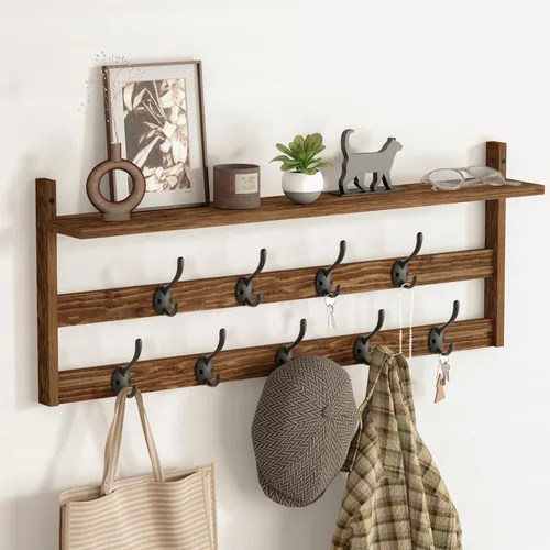 AMBIRD Perchero de pared con estante, perchero de pared de 29" con 9 ganchos de metal para entrada, baño, dormitorio, sala de estar, cocina, ganchos