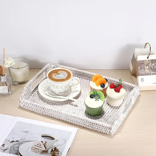 Miniatura 2 de Hipiwe Bandeja de ratán para servir con asas de madera, bandeja decorativa tejida a mano para mesa de café, cesta rectangular, bandejas otomanas