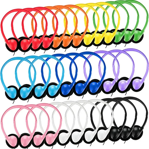 Miniatura 11 de Paquete de 10 auriculares para niños a granel para el aula escolar, auriculares multicolor con cable para estudiantes, auriculares ajustables