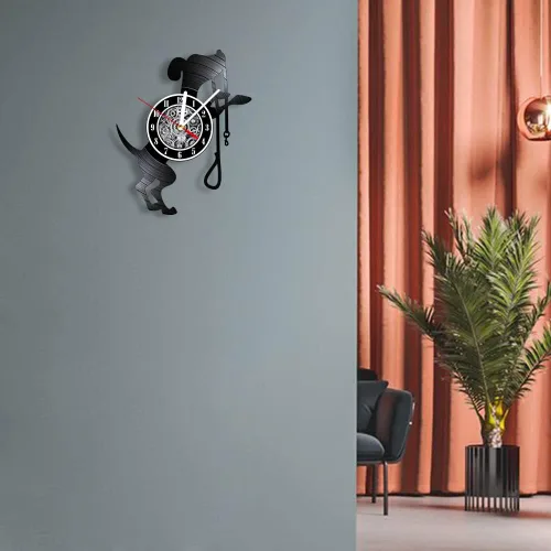 Miniatura 7 de The Geeky Days Reloj de pared de cuarzo silencioso con batería de disco de vinilo negro para perros y mascotas, reloj colgante de álbum retro Sin luz
