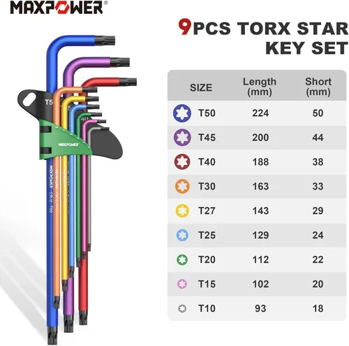 Miniatura 4 de MAXPOWER - Juegos de llaves Allen, juego de llaves Allen de 27 piezas incluye SAE (1/6-3/8"), métrico (1.5-10mm), Torx (T10-T50), juego de llaves