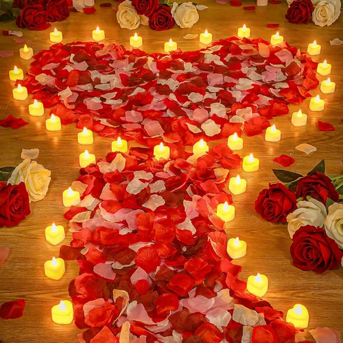 Miniatura 7 de VIHOSE 4000 pétalos de rosa artificiales con 24 velas LED de té, velas LED sin llama, pétalos de rosa falsos para bodas, fiestas de cumpleaños