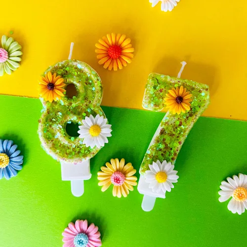 Miniatura 4 de Velas de pastel de cumpleaños 4, velas verdes número 4 con margarita, perfectas para fiestas de cumpleaños o celebraciones de vacaciones