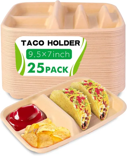 tchrules 25 platos de tacos desechables para 2 tacos y 2 lados, soportes de papel prémium para tacos de martes y bar, suministros de decoración (25)