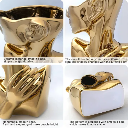 Miniatura 8 de GDYOOSHOW Jarrones faciales para flores, maceta de busto, jarrón de cerámica para exhibir joyas, color dorado, 9.84 pulgadas de alto, adecuado