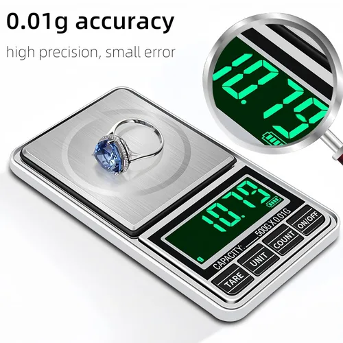 Miniatura 2 de Báscula digital de bolsillo para joyería, 17.64 oz, 0.00 oz, precisión recargable por USB, portátil, mini gramos, báscula de alimentos para moneda