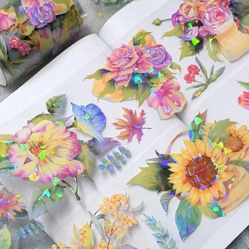 Miniatura 9 de Cinta washi de rosa para collage original de flores, creatividad, hecha a mano, para libro de diario, material PET con efecto láser (90395)