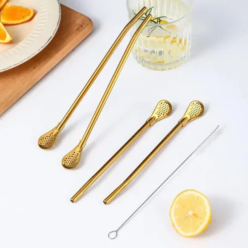Miniatura 7 de 8 popotes de yerba mate, de acero inoxidable reutilizables dorados, cucharas con cepillo de limpieza para pajitas