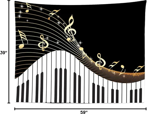 Miniatura 8 de BELECO Telón de fondo de música de piano de tela de 5 x 3 pies, teclas de notas musicales, teclas negras y doradas, fondo de fotografía, teclado