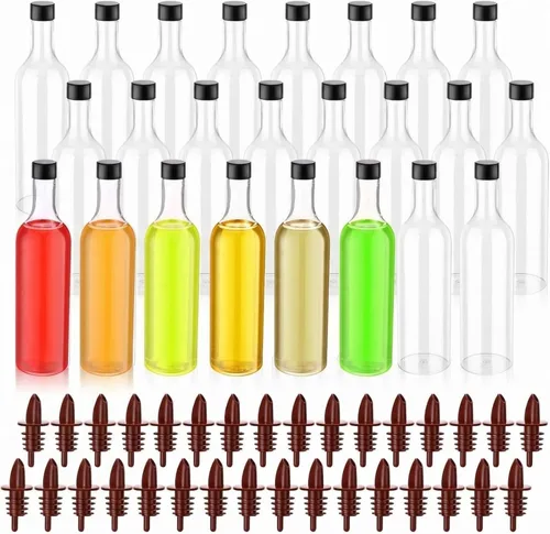 Miniatura 9 de Yinder 24 botellas de plástico de cuello largo con vertedor de 25 onzas, botellas vacías de licor de vino transparente para verter con 24 vertedores