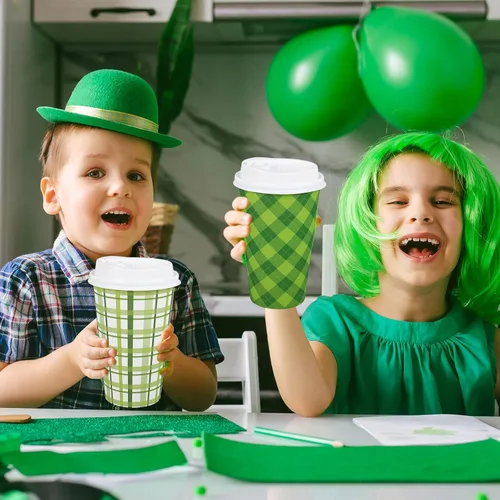 Miniatura 5 de Whaline Juego de 100 tazas de café desechables del día de San Patricio con tapas, taza de papel, verde y blanco, trébol a cuadros, tazas para beber