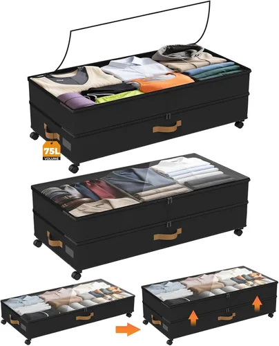Miniatura 12 de Almacenamiento Debajo de la Cama con Ruedas Paquete de 4, 75L XXL Contenedores de Almacenamiento Debajo de la Cama Grandes, 30 cm de Alto negro