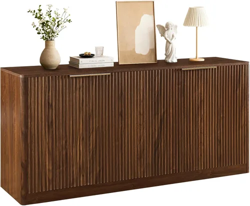 Aparador de buffet acanalado de 59 pulgadas con almacenamiento, credenza grande con 4 puertas, armarios de almacenamiento decorativos de mediados de