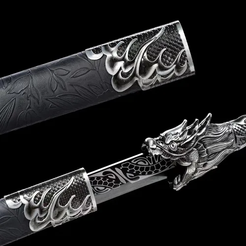 Miniatura 4 de Espada china de la dinastía Tang Dao de acero al carbono, hoja recta afilada, katana con patrón de dragón, funda Negro