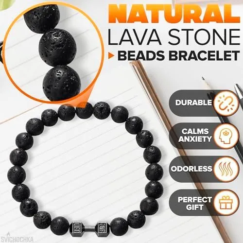 Miniatura 3 de Lava Beads Gym Bracelets for Men - 8mm Lava Rock Bracelet Natural Stone, Men Stretch Bracelet Bead Bracelet for Women- Alloy Dumbbell Bracelet