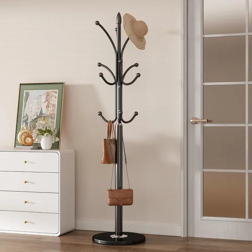 Perchero de metal independiente resistente con base de mármol natural, moderno perchero para sombreros de árbol con 12 ganchos para entrada,