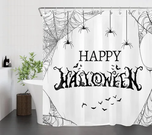 Miniatura 10 de LB Cortina de ducha espeluznante de Halloween, árbol muerto espeluznante con tela de araña de murciélago, cortina de ducha de baño con temática