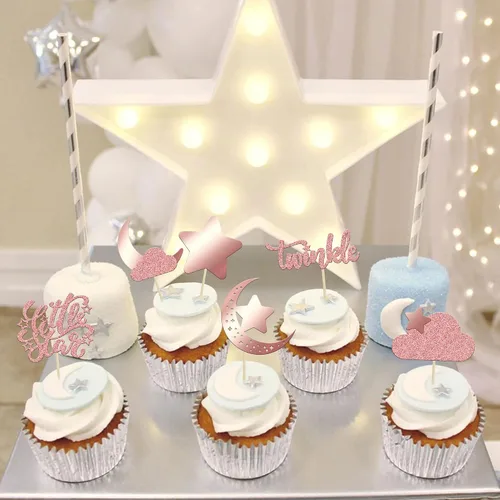 Miniatura 5 de Gyufise 24 piezas de decoración de cupcakes con purpurina de luna, nube, decoración de tartas de estrellas parpadeantes, baby shower, niños, Oro