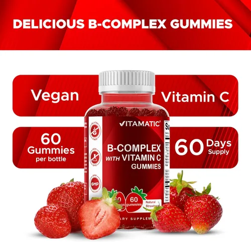 Miniatura 4 de Gomitas con complejo de vitamina B de Vitamatic con vitamina C e inositol - Sabor natural a fresa - 60 gomitas (3 botellas)