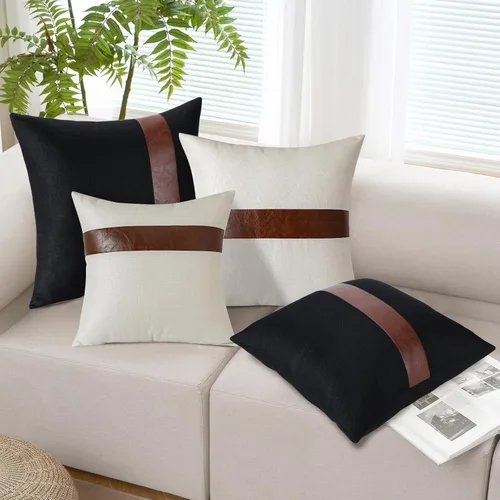 Miniatura 5 de OTOSTAR Juego de 4 fundas de almohada de lino con retazos de piel sintética de 20 x 20 pulgadas, decoración de granja a rayas, modernas, fundas