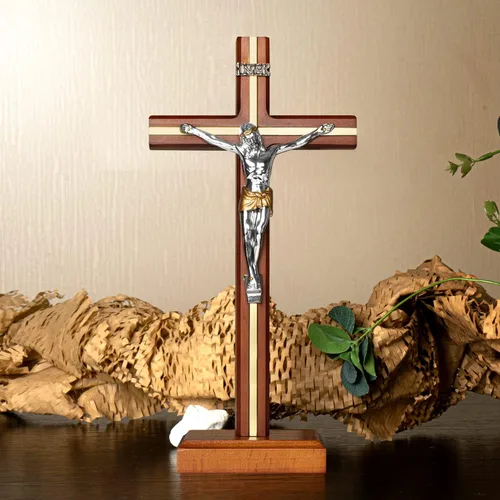 Miniatura 2 de KUXBET Crucifijo de Pie Cruz con Soporte Desmontable de 10.6 Pulgadas Cruz de Madera Católica de Jesucristo para Colgar en la Pared para Decoración