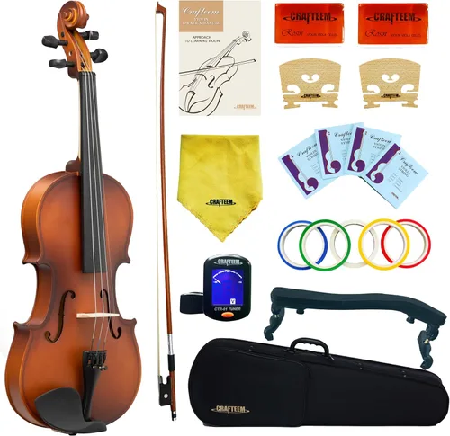 Miniatura 14 de CRAFTEEM 1/2 Conjunto de violín negro premium hecho a mano para principiantes, adultos y niños con cinta adhesiva para dedos de 5 colores - Violín
