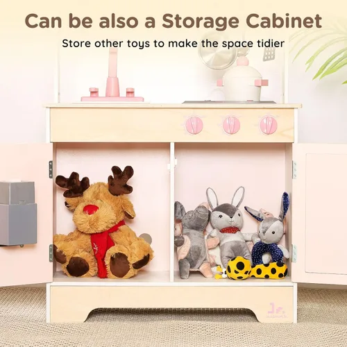 Miniatura 6 de SainSmart Jr. Cocina de madera de juguete para niños - Juego de cocina de jugar premium para niños pequeños - Incluye estufa, refrigerador y Piggy