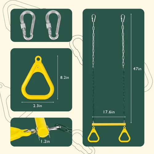 Miniatura 2 de LadyRosian Barra de trapecio de 17" para gimnasio con anillos, cadena resistente de 47", juego de accesorios para columpio con mosquetones