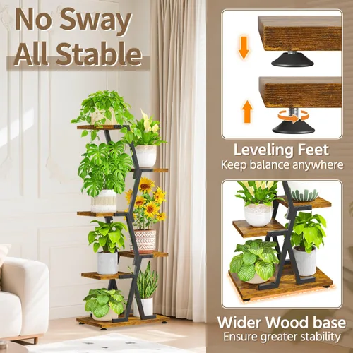 Miniatura 3 de LASZOLA Soporte para plantas de 5 niveles alto de madera y metal para interiores para macetas de servicio pesado, estante vertical grande
