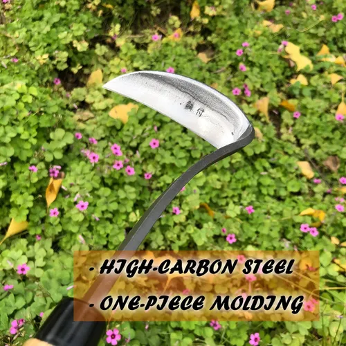 Miniatura 6 de Hoz de hierba japonesa azada de deshierbe herramienta de mano para jardín, acero de alta resistencia con mango de madera maciza (gris)
