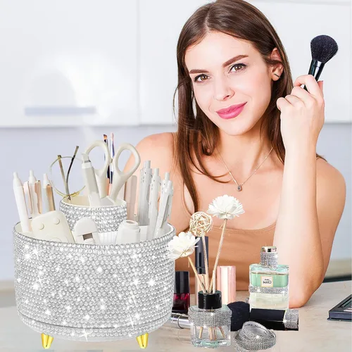 Miniatura 7 de Yi-gog Organizador de maquillaje giratorio de 360° con soporte para brochas de bricolaje con diamantes para mujeres y niñas, tocador, escritorio