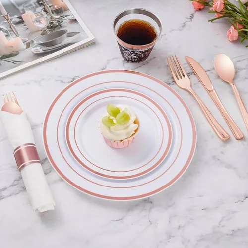 Miniatura 3 de Goodluck Juego de vajilla de plástico color oro rosa de 175 piezas para 25 invitados, elegantes platos desechables para fiesta, incluye: 25 platos