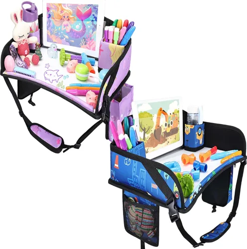 Miniatura 22 de 2 piezas Bandeja de viaje para niños, bandeja para asiento de coche para niños Viaje, Esenciales de viaje en carretera para niños con kit de dibujo
